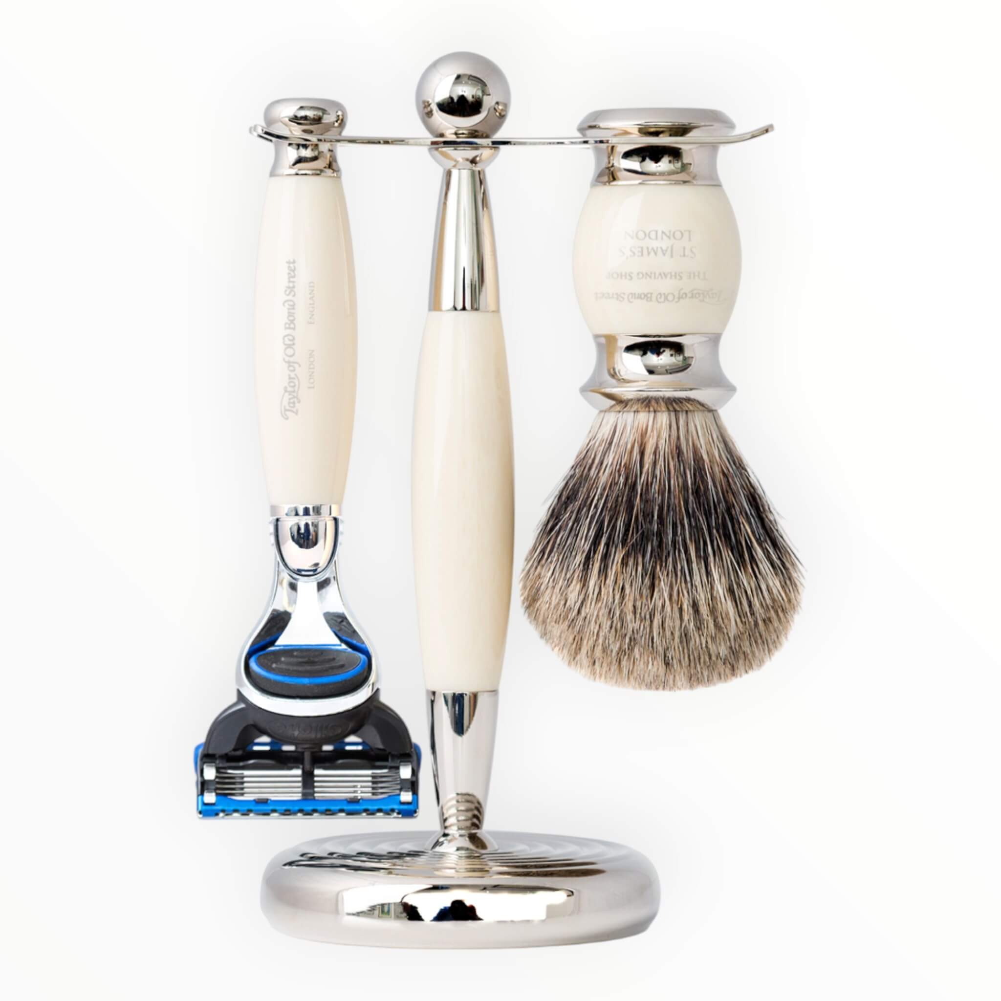 Taylor Old Bond Street Barbersæt Med Fusion Skraber Pure Badger Barberkost Holder Imit Elfenben
