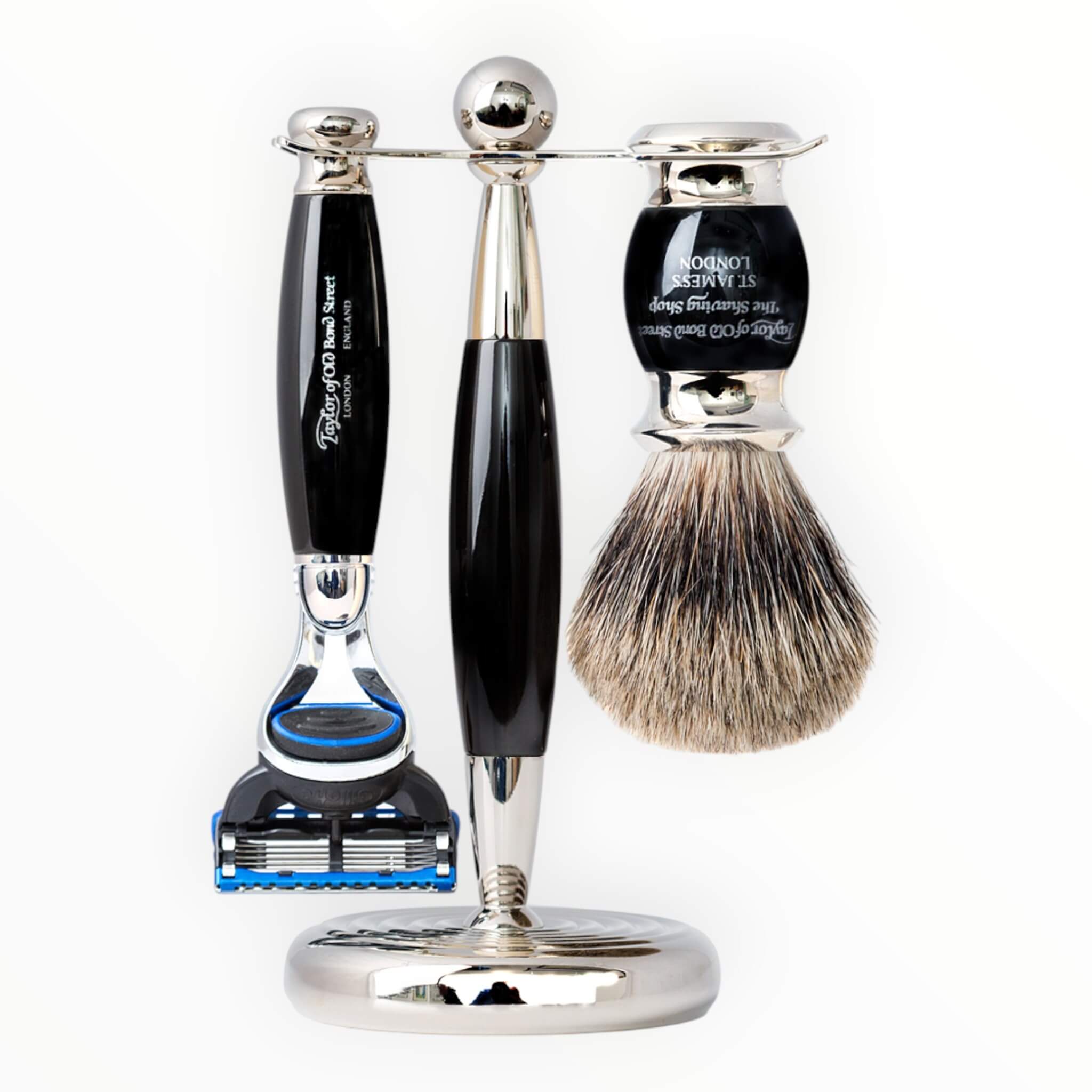 Taylor Old Bond Street Barbersæt Med Fusion Skraber Pure Badger Barberkost Holder Sort
