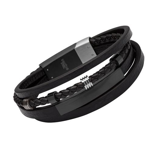 Sort Flerradet Læderarmbånd Eller Mulighed For Gravering