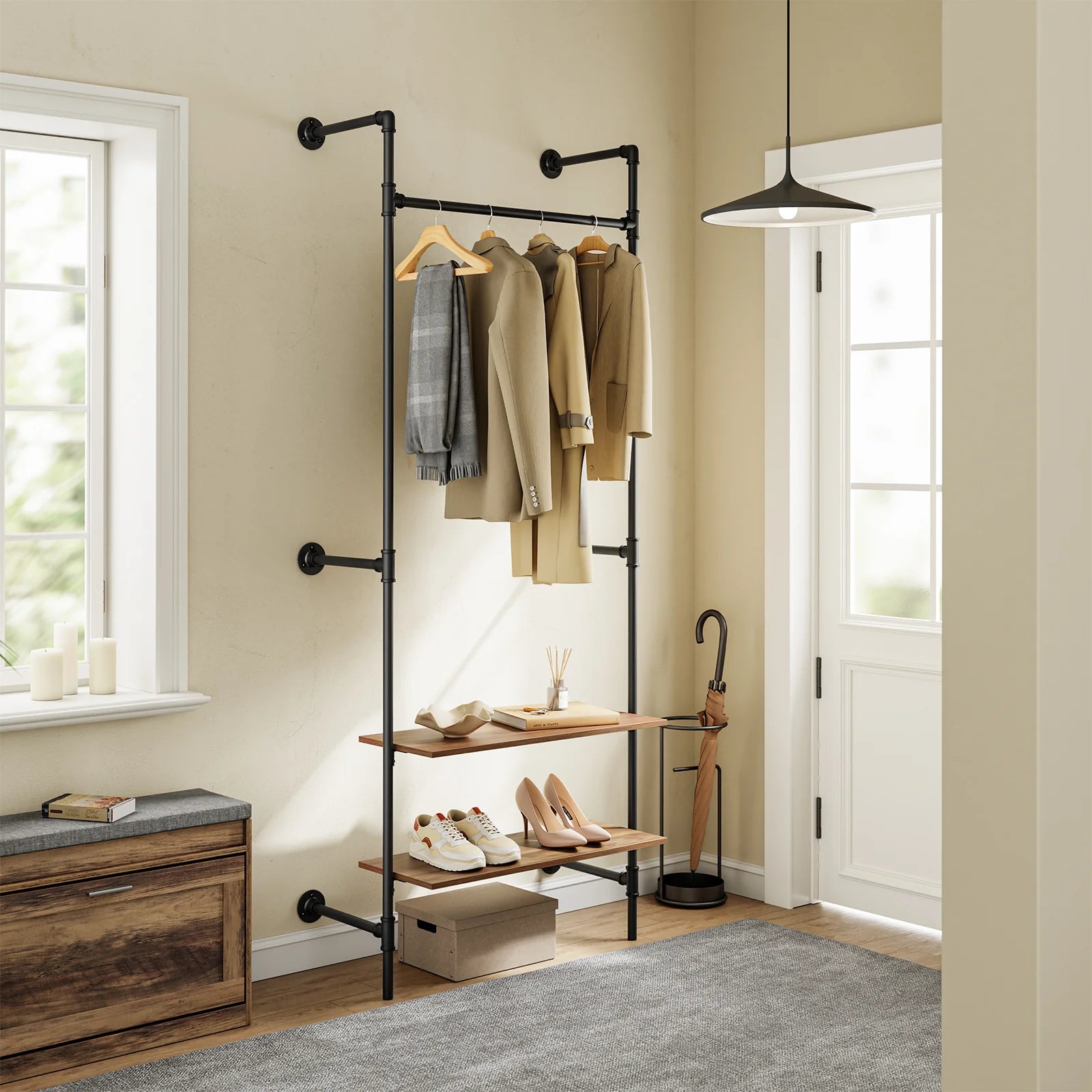 Vægmonteret Tøjstativ Med Hylder Industrielt Design Træ Metal